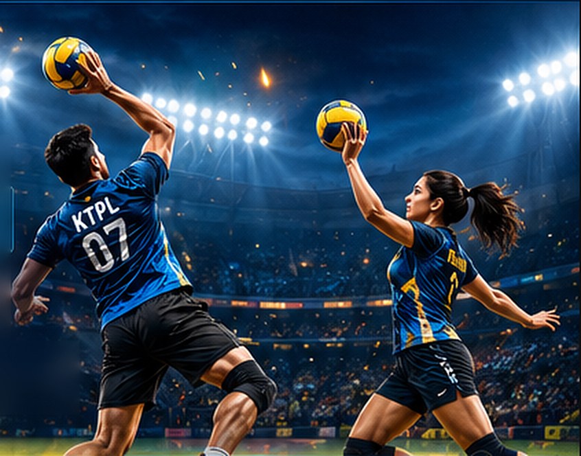 Two KTPL throwball players leaping to throw the ball under stadium floodlights